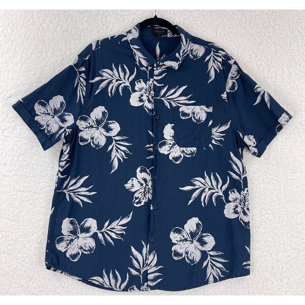 Magaschoni Button-Up‎ Shirt Mens Large Blue Hawaiian Linen Blend Short Sleeve